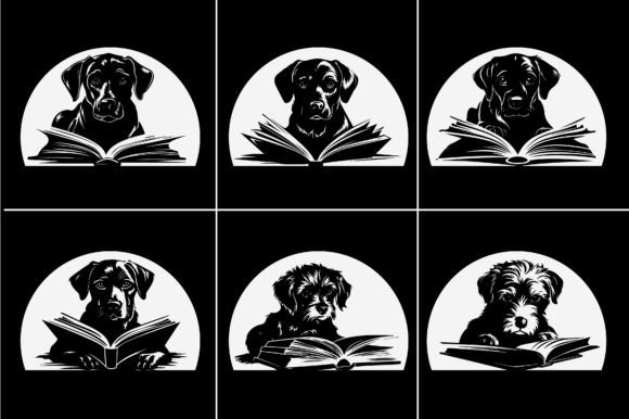 Dog Reading Book Silhouette Vector Review for Embroidery